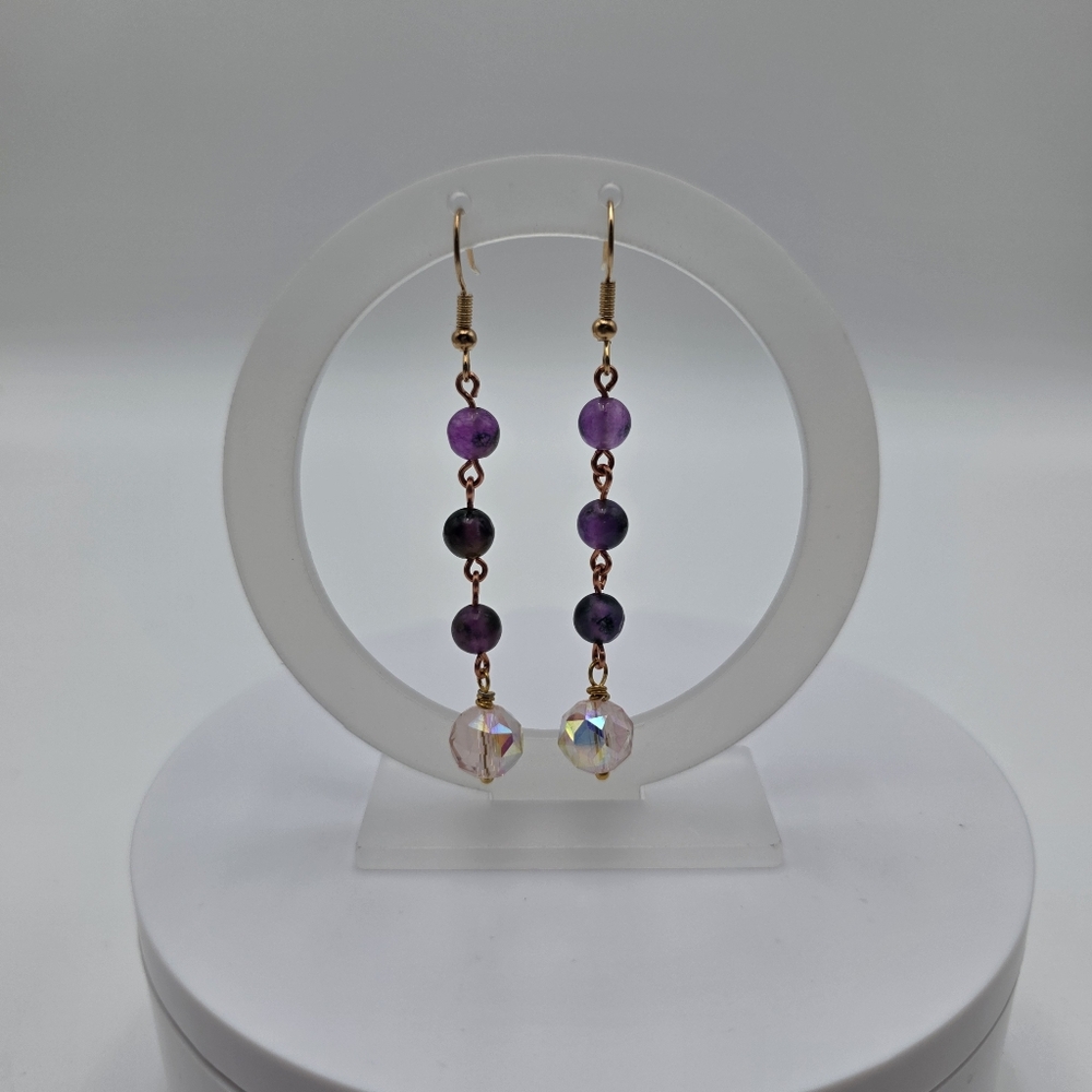 Purple Fluorite Beaded Dangle Earrings – Handmade Crystal Drop Jewelry - Picture 3 of 5
